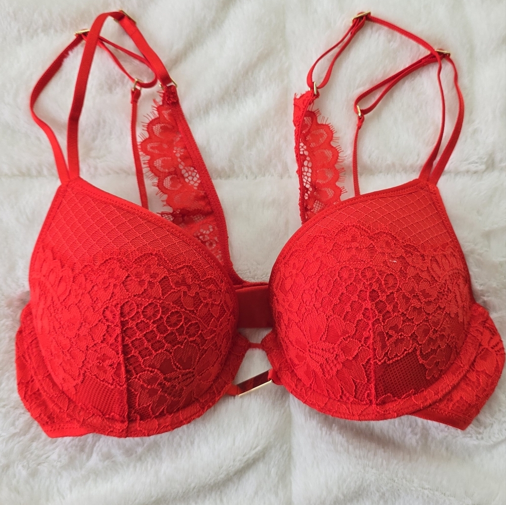 Aerie Real Good Red Lace Push-Up Bra with Strappy Back Size 32C